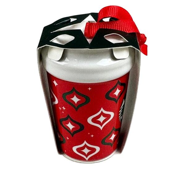 Starbucks 2023 Ceramic Holiday Ornament Red Cup Retro Green & White Pattern - Picture 3 of 5